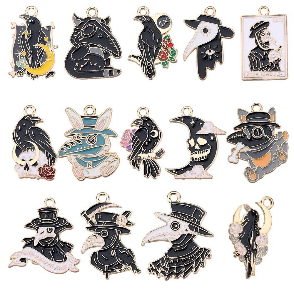 5021 1 Box 28Pcs 14 Styles Black Crow Charm Gothic Charms Bulk Alloy Enamel